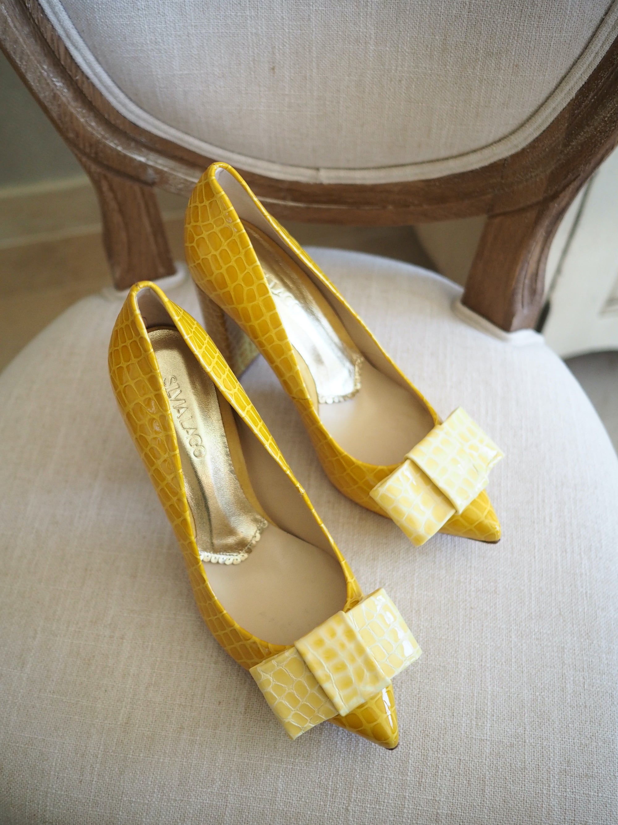Paula pumps 100mm mustard croc patent