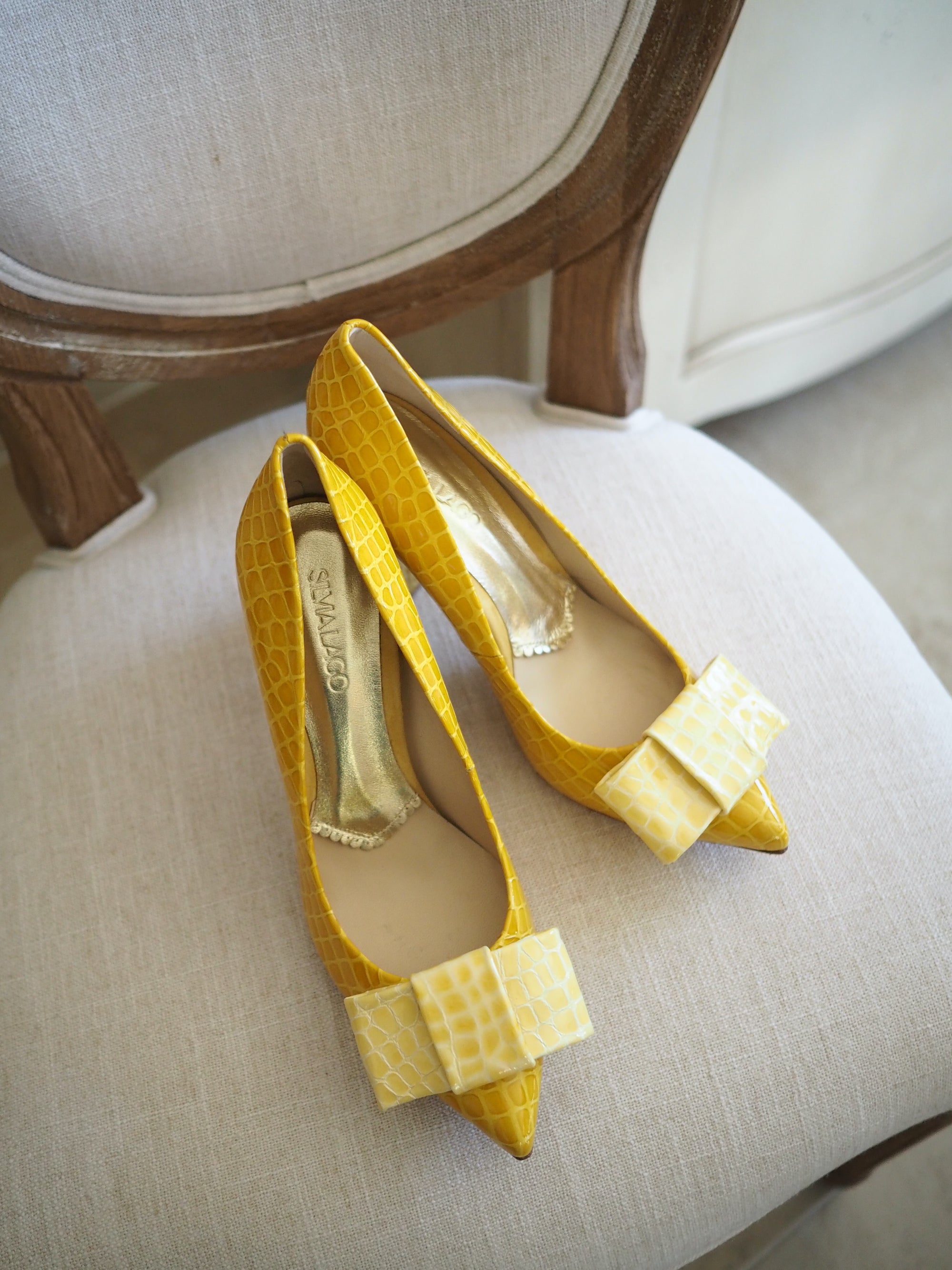 Paula pumps 100mm mustard croc patent