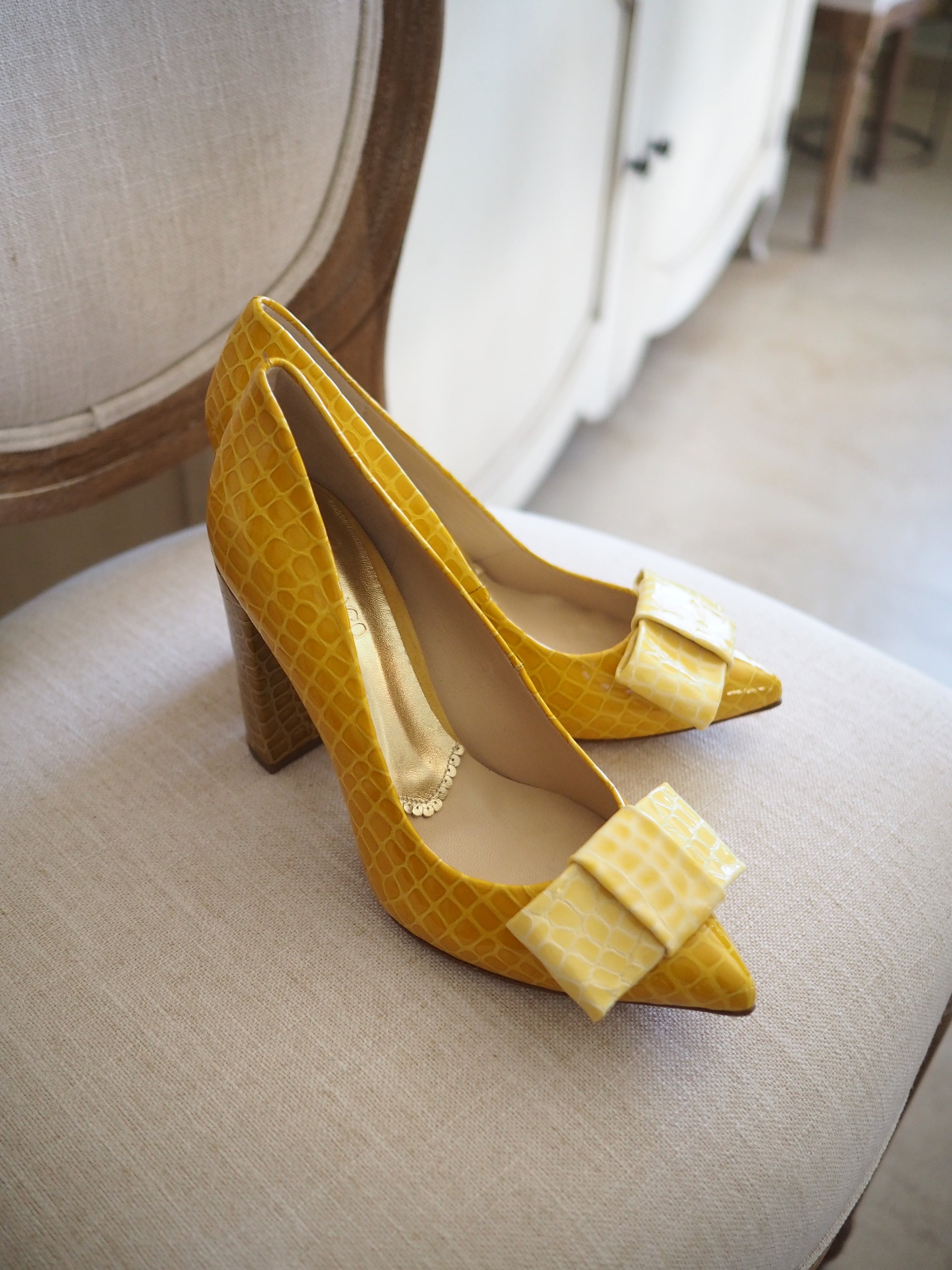 Paula pumps 100mm mustard croc patent